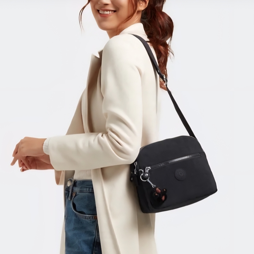 Kipling Keefe Black Nylon Triple Compartment Crossbody Bag